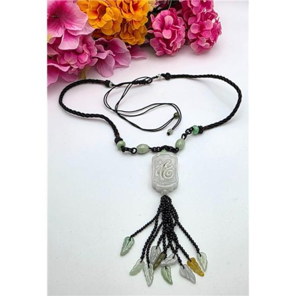 Chinese Jadeite Carved Tassel Pendant Necklace Black Seed Bead 27" Adj. Cord